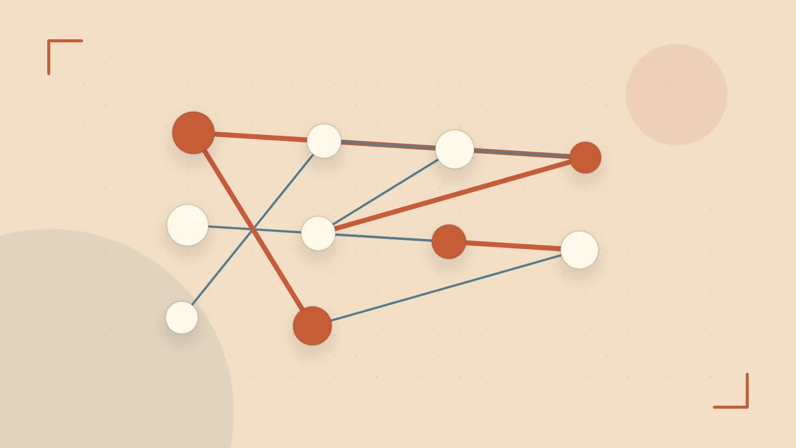 Editorial illustration of an algorithmic node graph with branching paths and a highlighted result