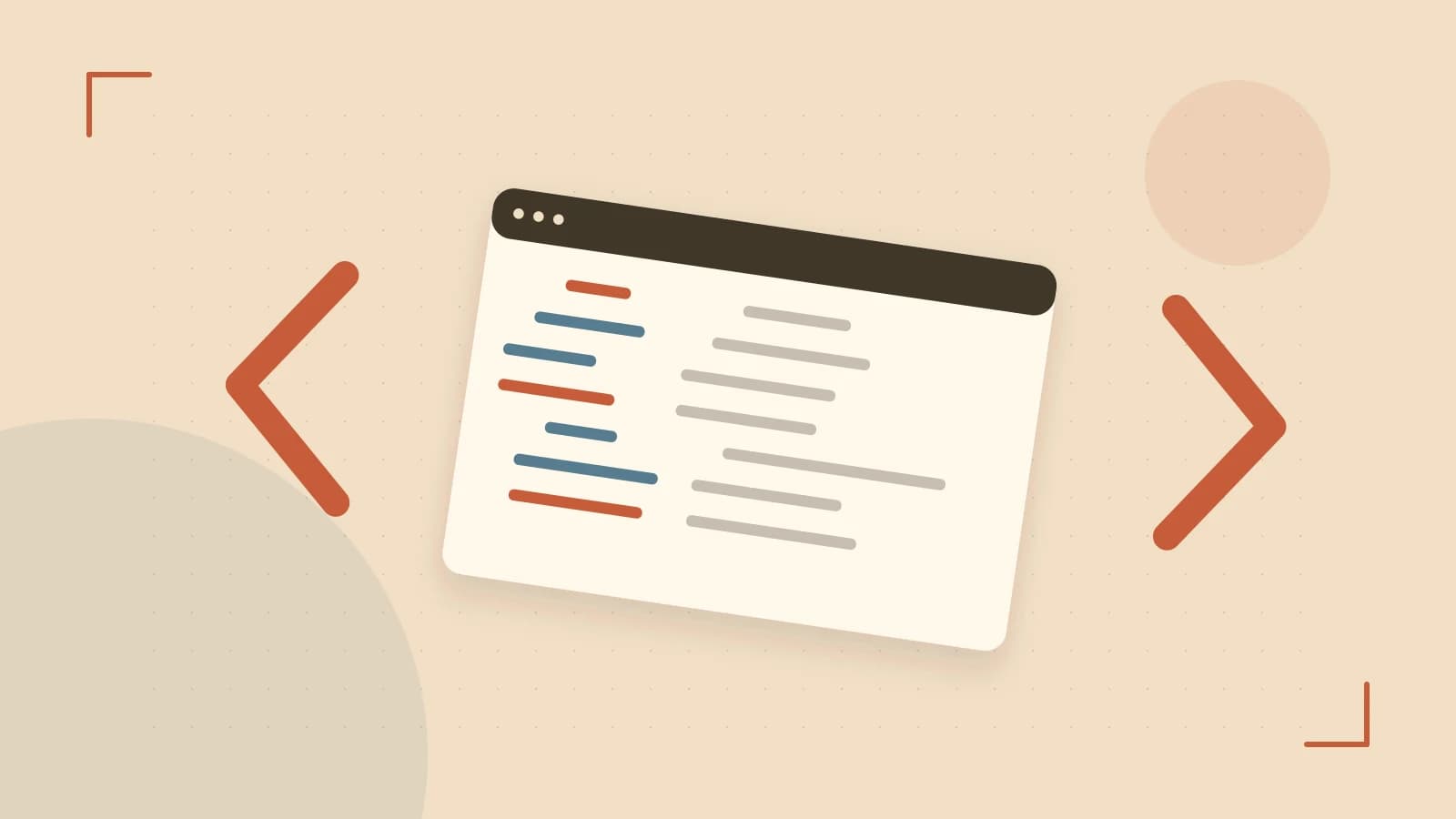 Editorial illustration of an abstract code editor, syntax blocks and oversized programming brackets