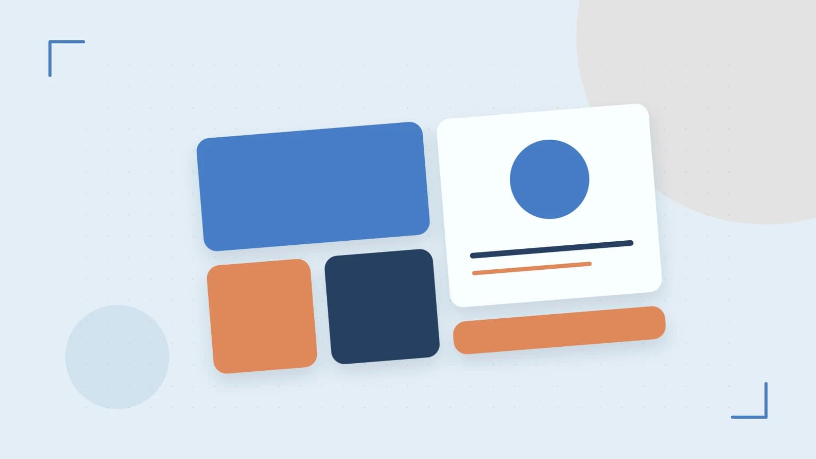 Editorial illustration of responsive browser layouts, overlapping design components and a color system
