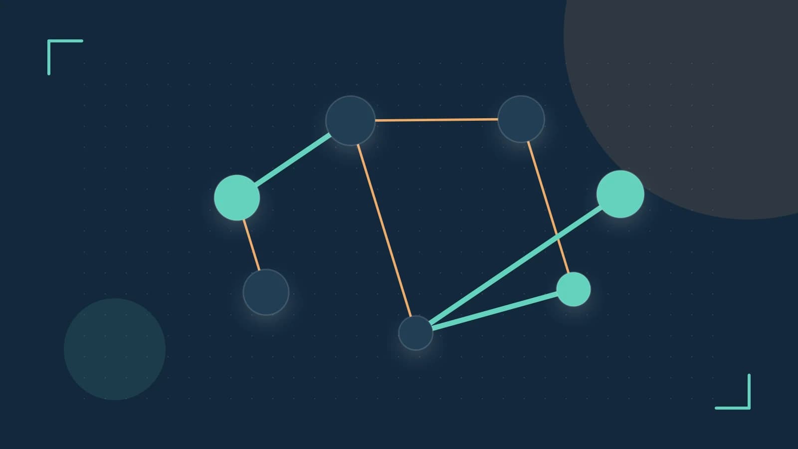 Editorial illustration of an algorithmic node graph with branching paths and a highlighted result