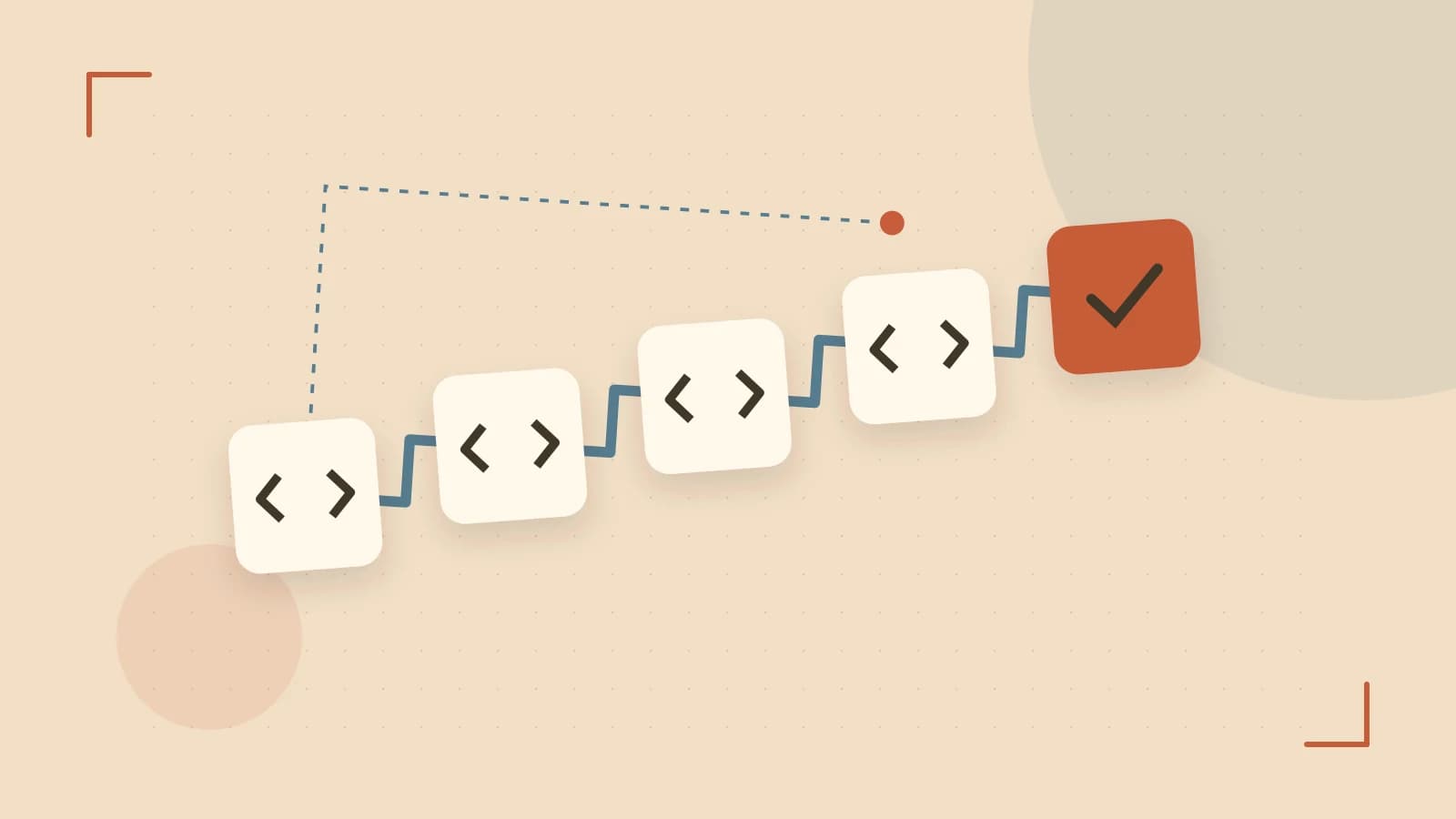 Editorial illustration of a branching build pipeline, staged transformations and a completed check