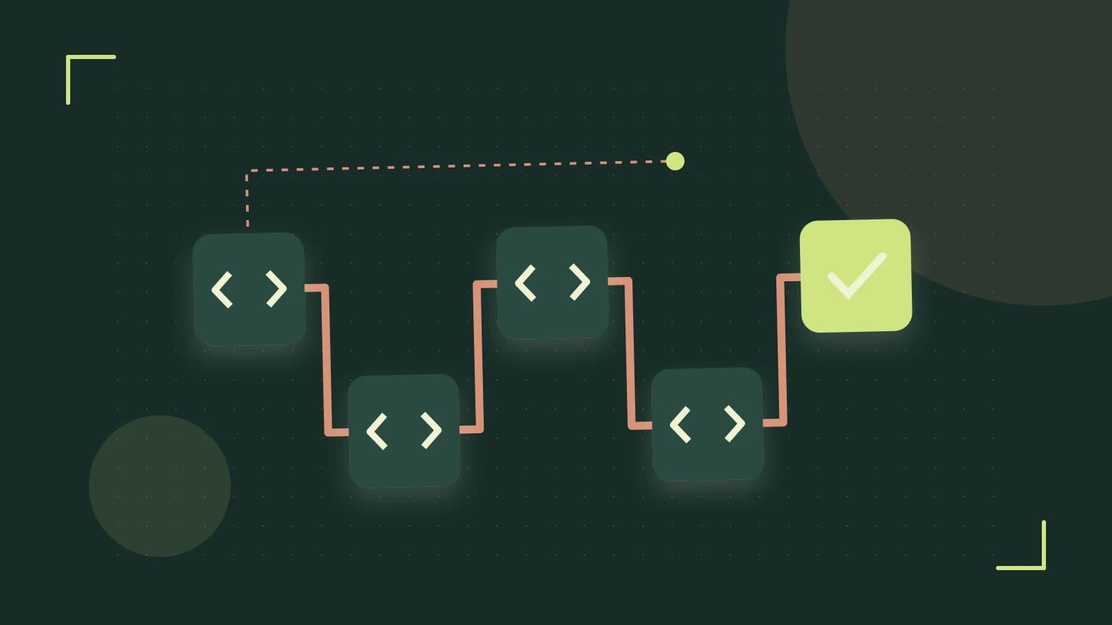 Editorial illustration of a branching build pipeline, staged transformations and a completed check