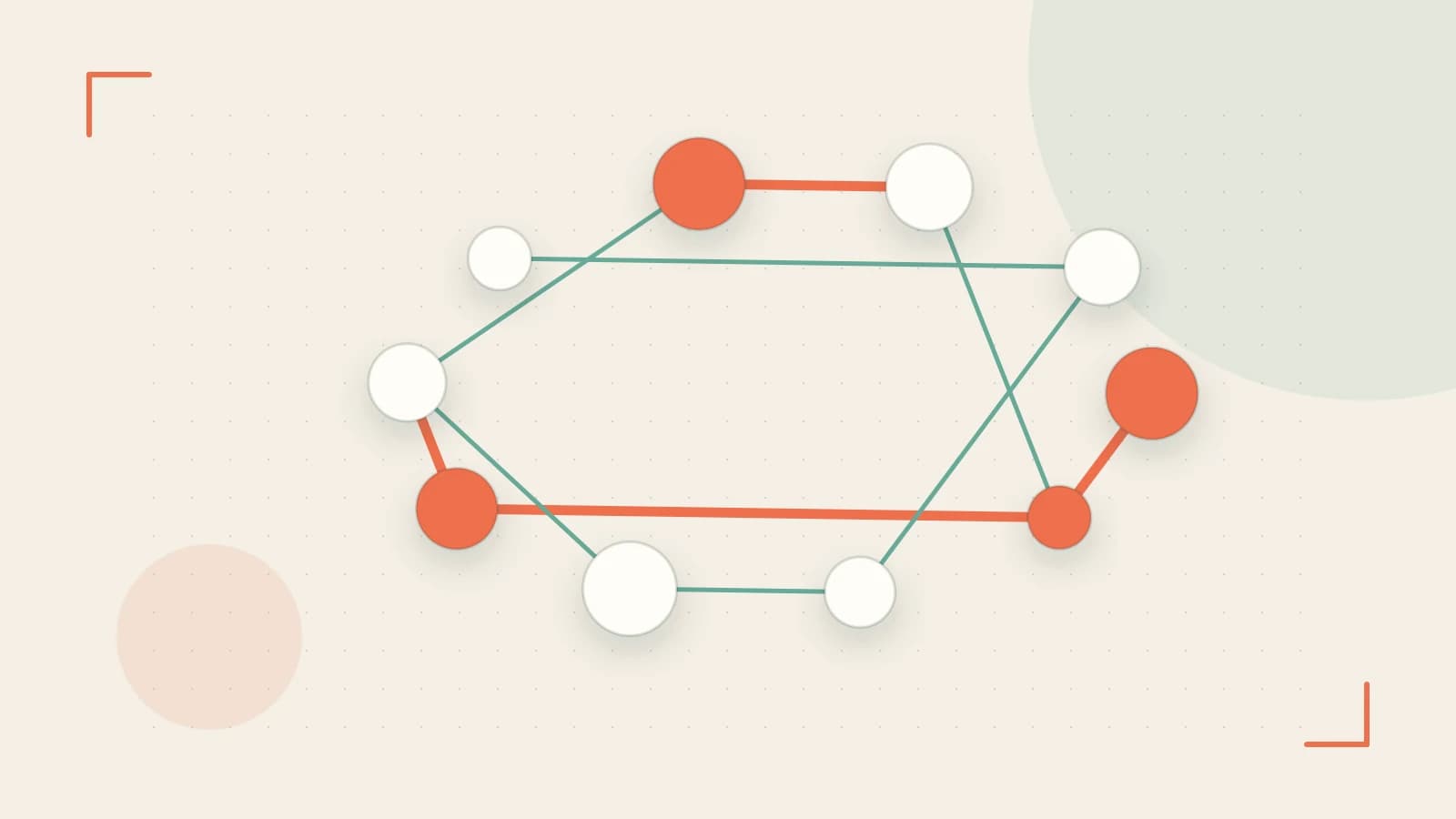Editorial illustration of an algorithmic node graph with branching paths and a highlighted result