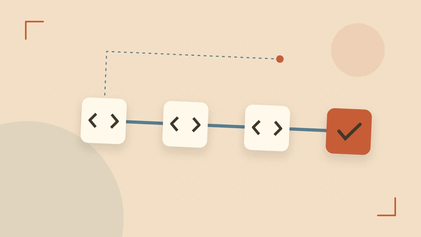Editorial illustration of a branching build pipeline, staged transformations and a completed check