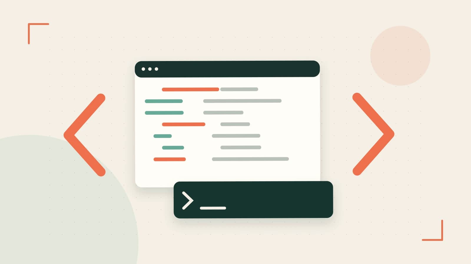 Editorial illustration of an abstract code editor, syntax blocks and oversized programming brackets