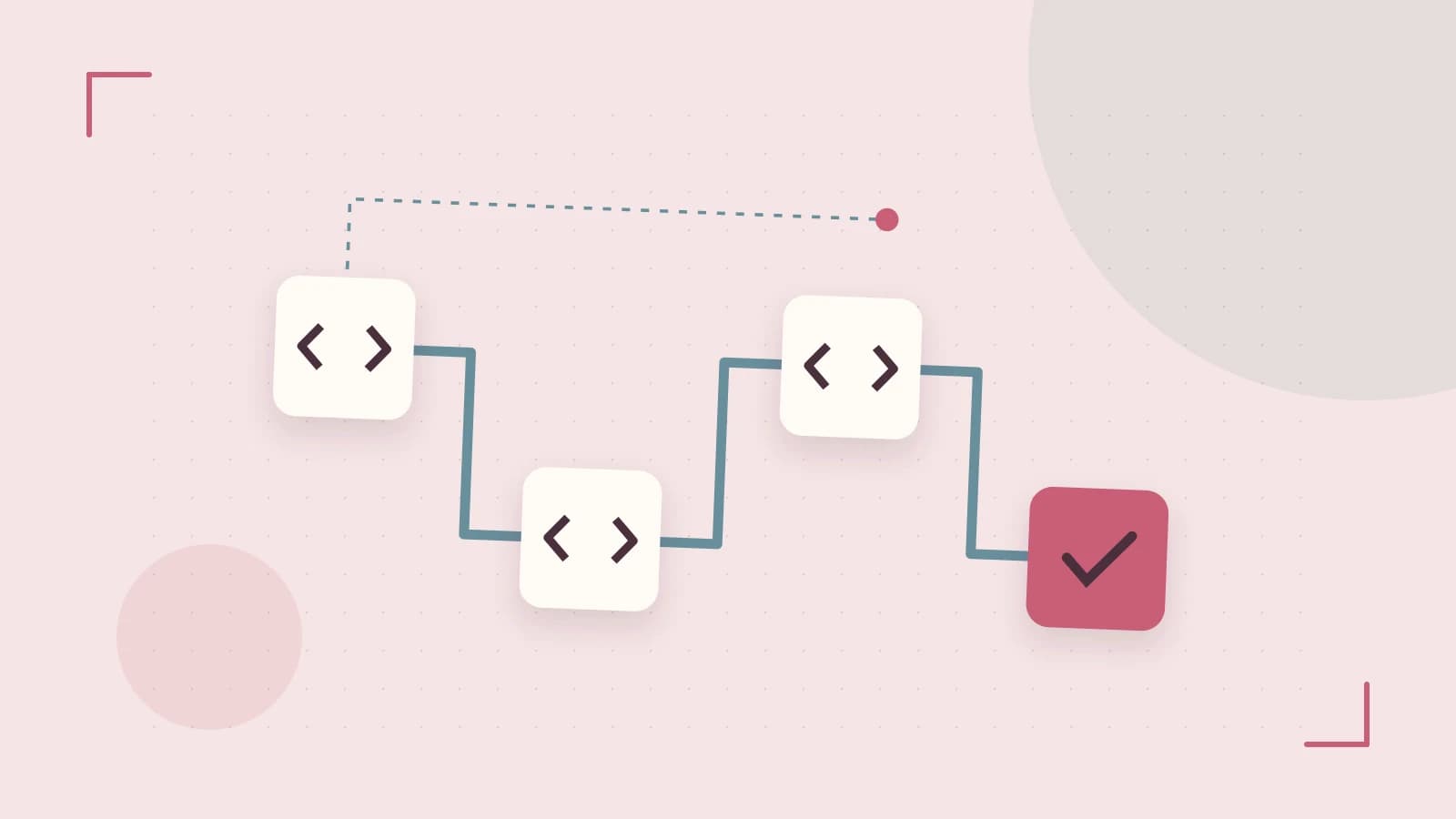 Editorial illustration of a branching build pipeline, staged transformations and a completed check