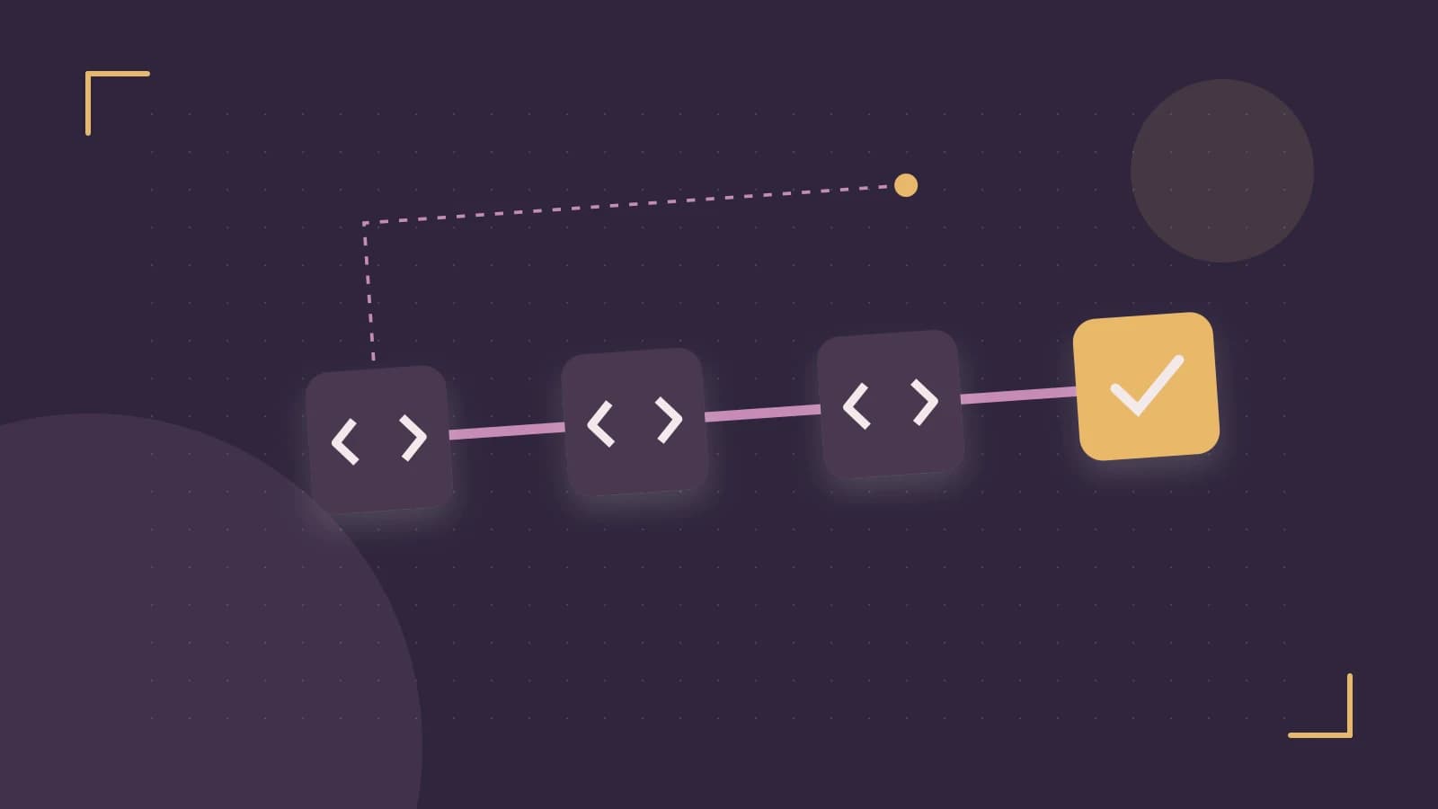 Editorial illustration of a branching build pipeline, staged transformations and a completed check