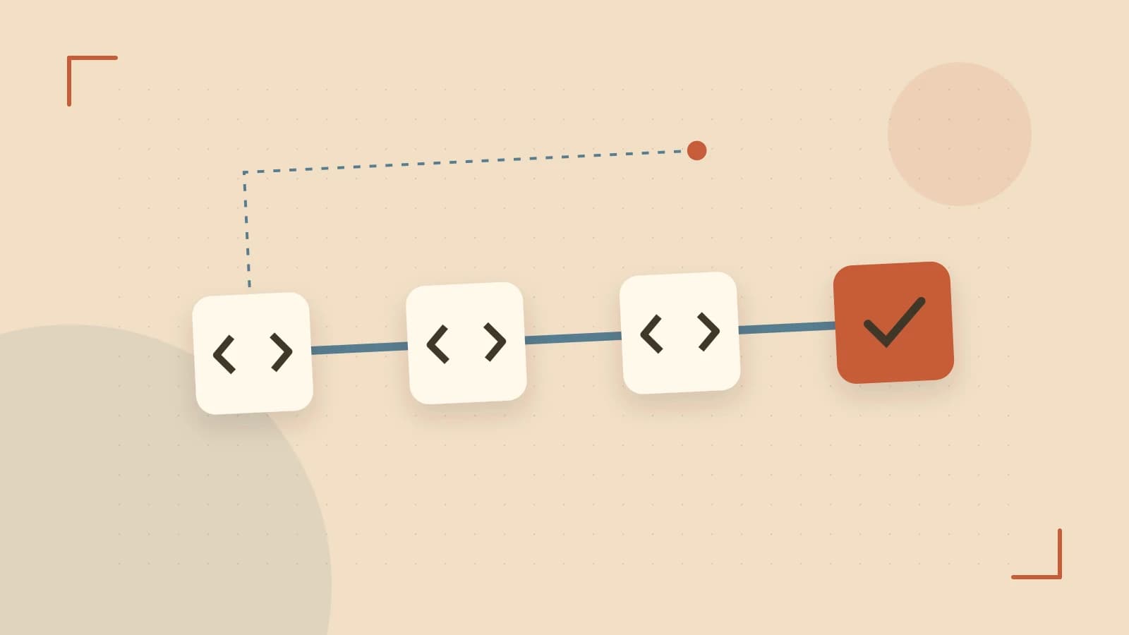 Editorial illustration of a branching build pipeline, staged transformations and a completed check