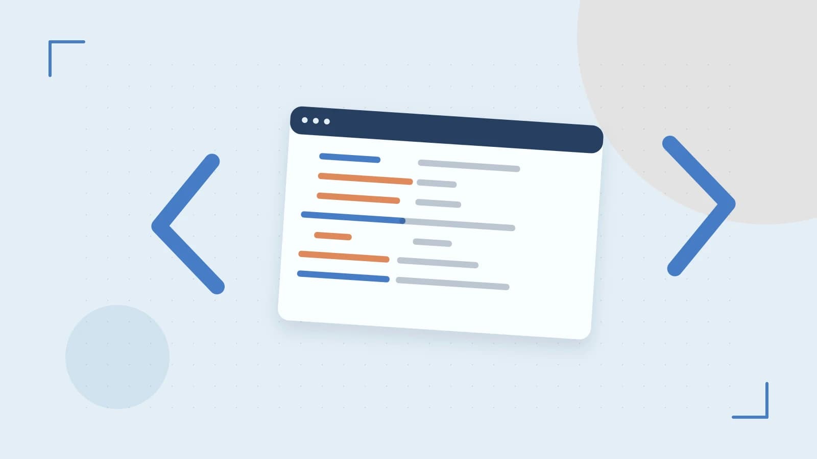 Editorial illustration of an abstract code editor, syntax blocks and oversized programming brackets