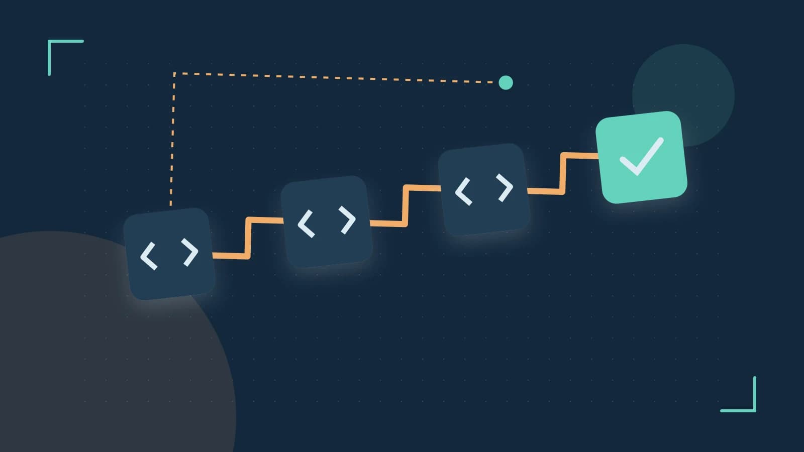 Editorial illustration of a branching build pipeline, staged transformations and a completed check