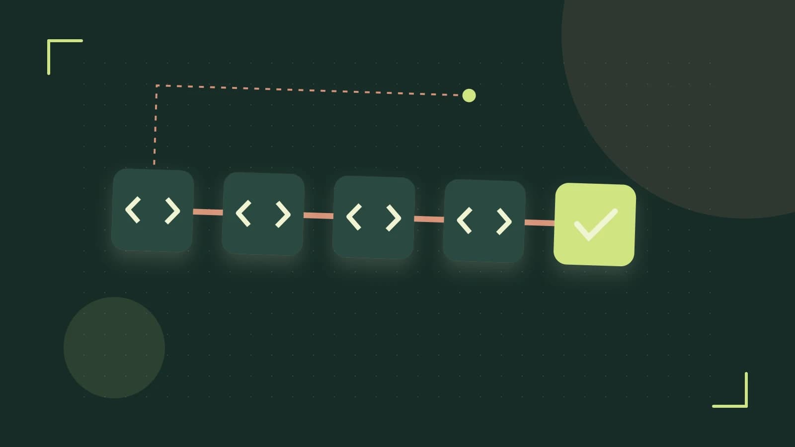 Editorial illustration of a branching build pipeline, staged transformations and a completed check