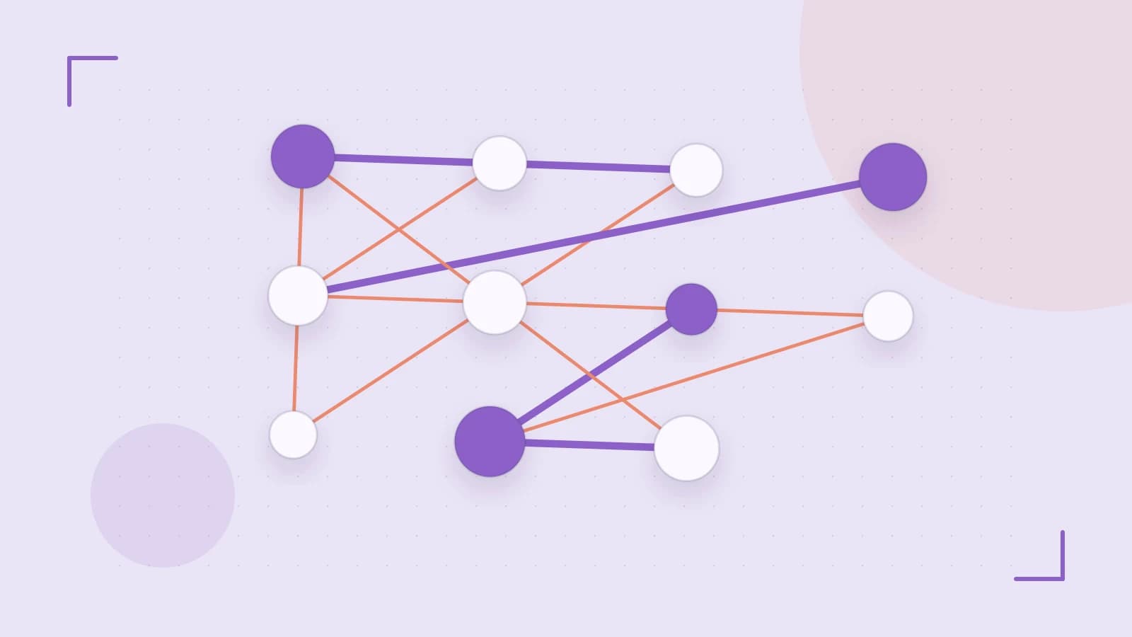 Editorial illustration of an algorithmic node graph with branching paths and a highlighted result