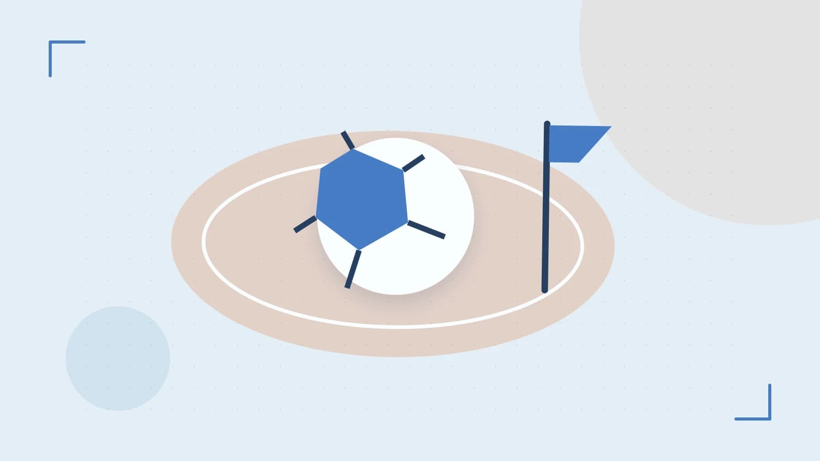 Editorial illustration of a stylized sports ball, stadium geometry and dynamic arcs