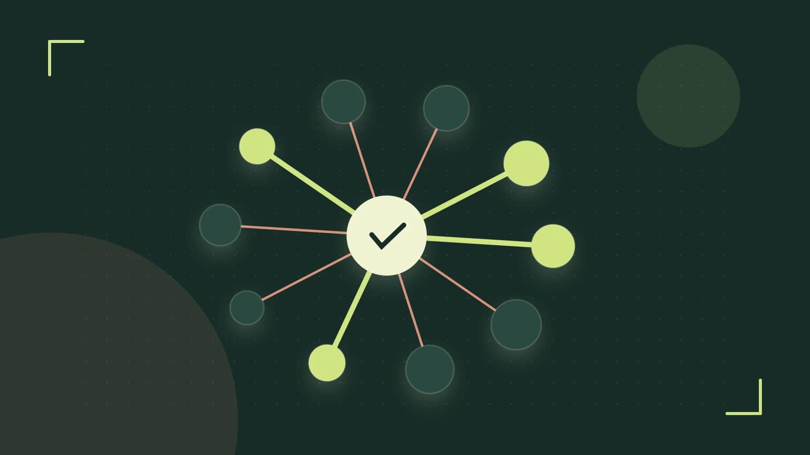 Editorial illustration of an algorithmic node graph with branching paths and a highlighted result