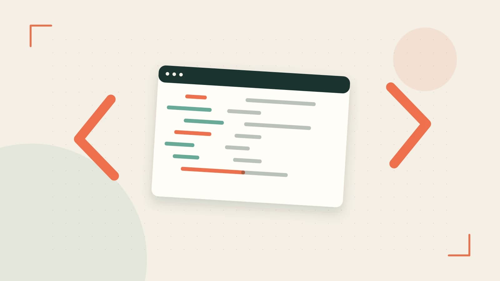 Editorial illustration of an abstract code editor, syntax blocks and oversized programming brackets
