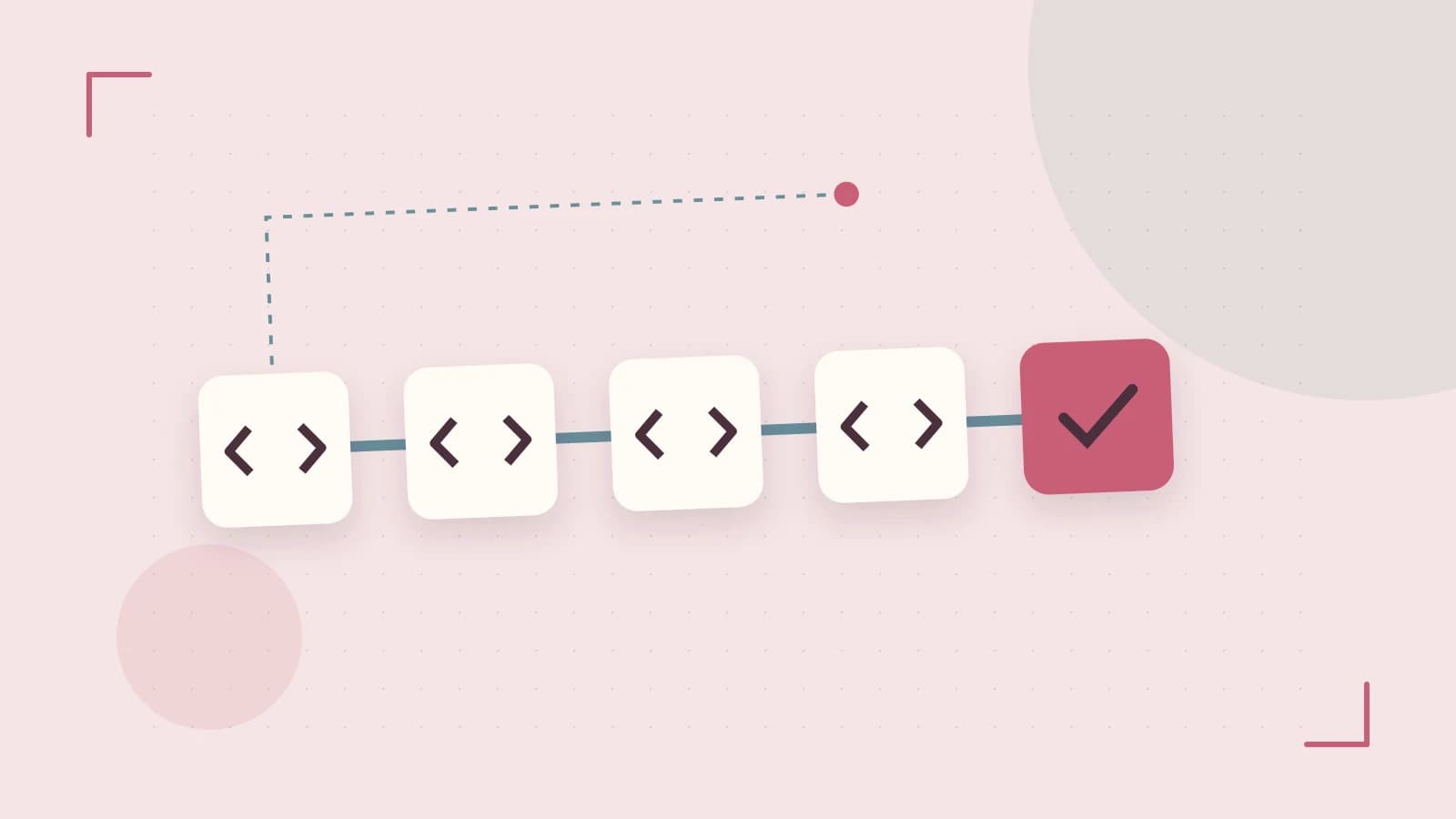 Editorial illustration of a branching build pipeline, staged transformations and a completed check
