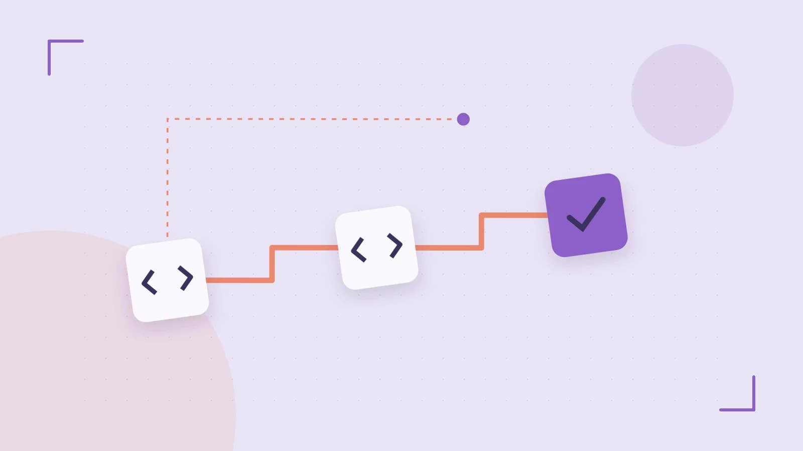 Editorial illustration of a branching build pipeline, staged transformations and a completed check