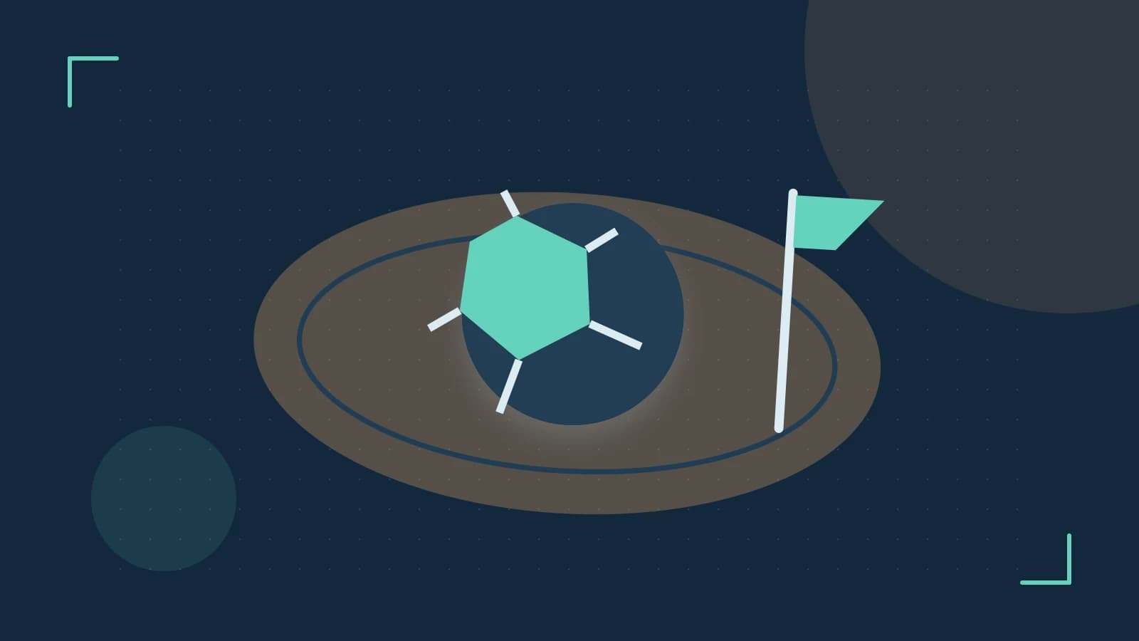 Editorial illustration of a stylized sports ball, stadium geometry and dynamic arcs