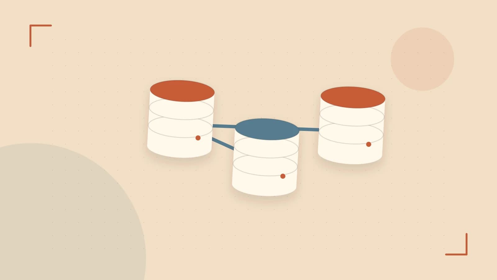 Editorial illustration of structured records, database cylinders and relationships between tables