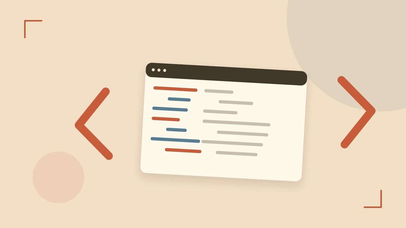 Editorial illustration of an abstract code editor, syntax blocks and oversized programming brackets