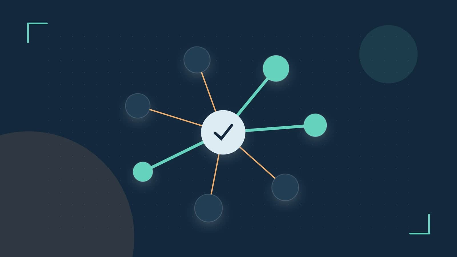Editorial illustration of an algorithmic node graph with branching paths and a highlighted result