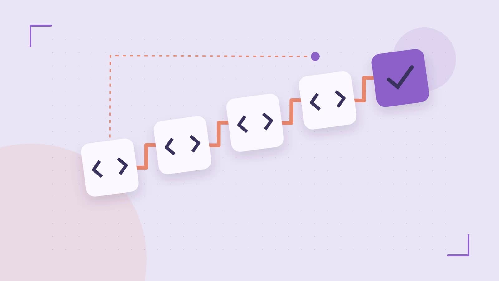 Editorial illustration of a branching build pipeline, staged transformations and a completed check