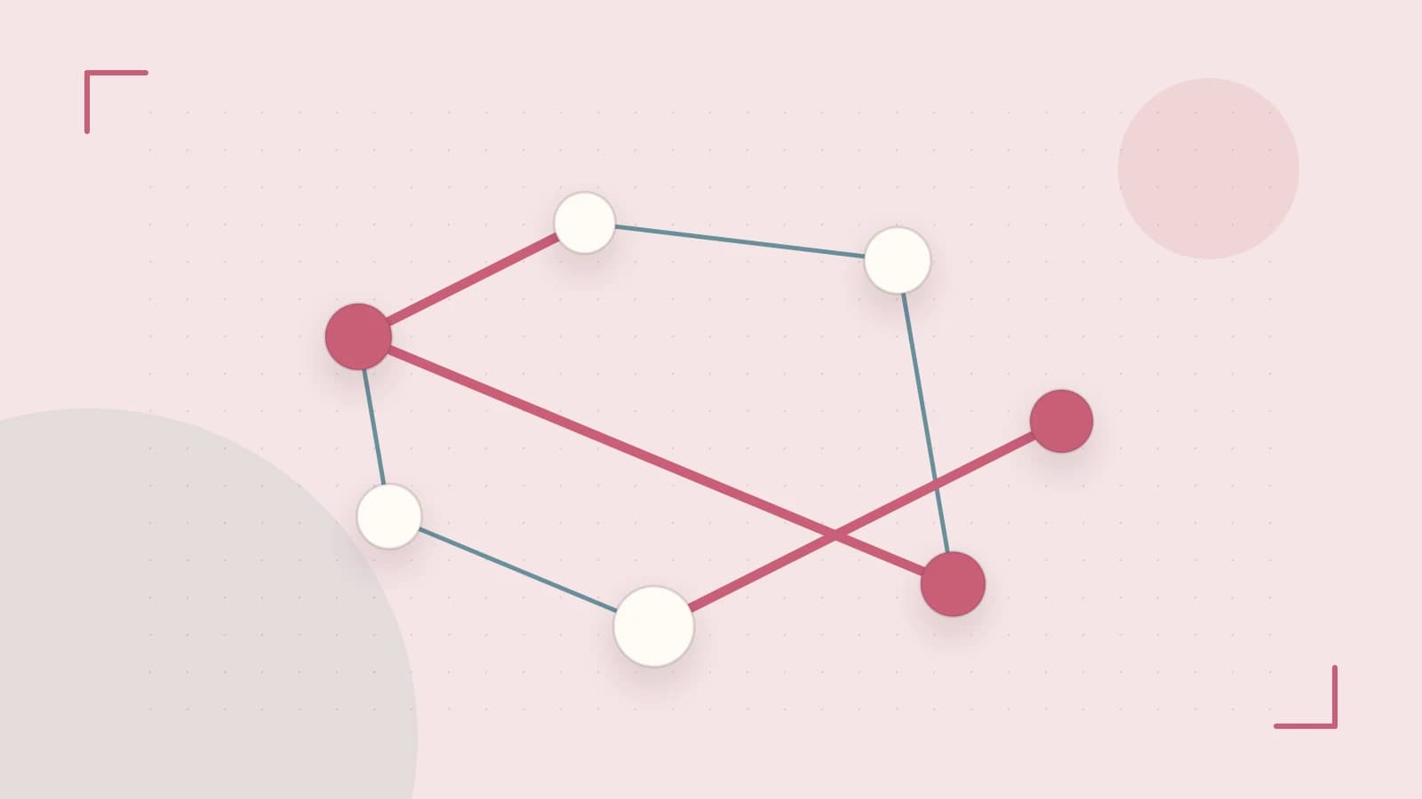Editorial illustration of an algorithmic node graph with branching paths and a highlighted result