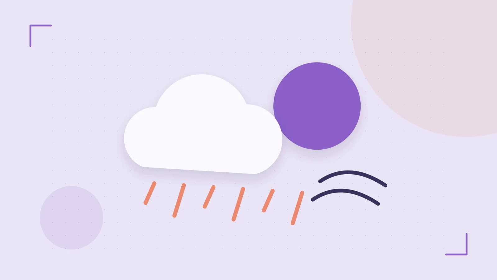 Editorial illustration of a sun, layered clouds, raindrops and flowing weather patterns