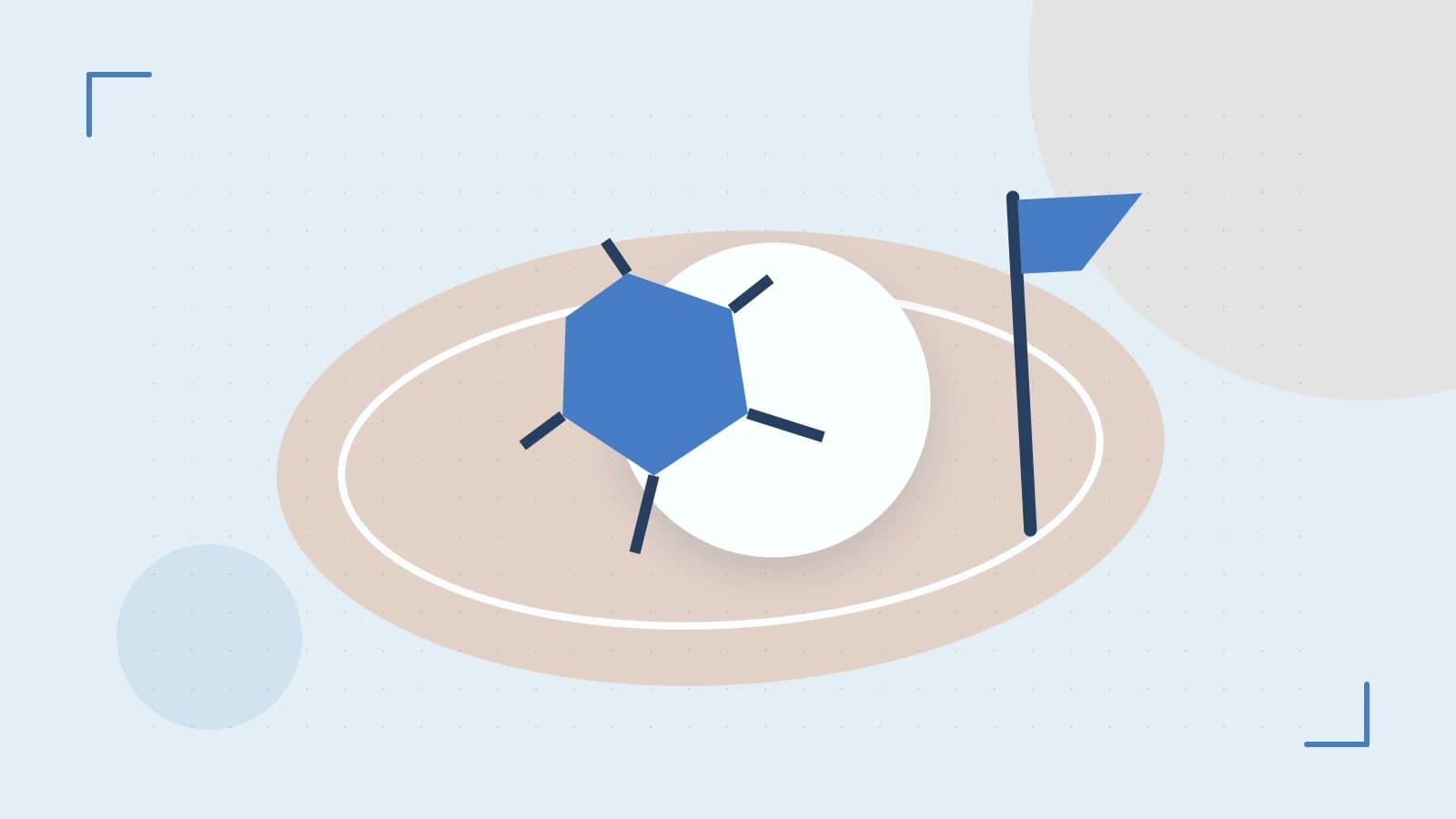 Editorial illustration of a stylized sports ball, stadium geometry and dynamic arcs