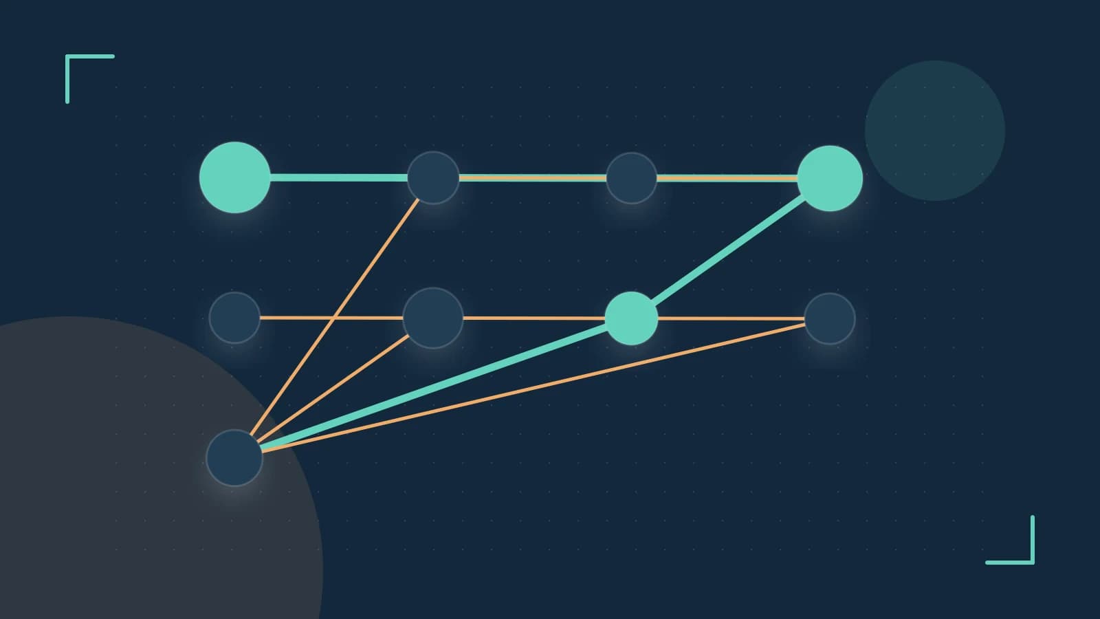 Editorial illustration of an algorithmic node graph with branching paths and a highlighted result