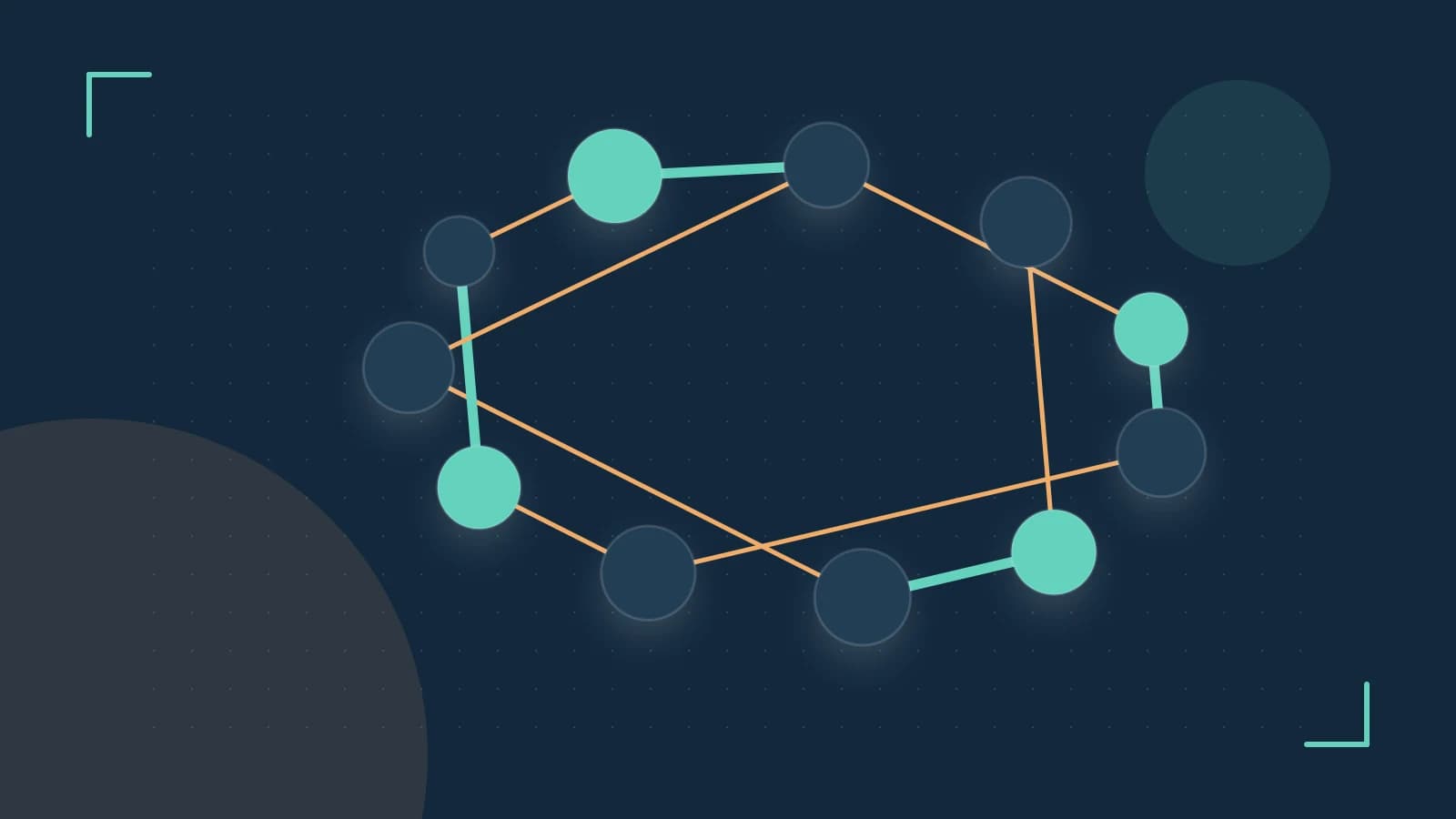 Editorial illustration of an algorithmic node graph with branching paths and a highlighted result