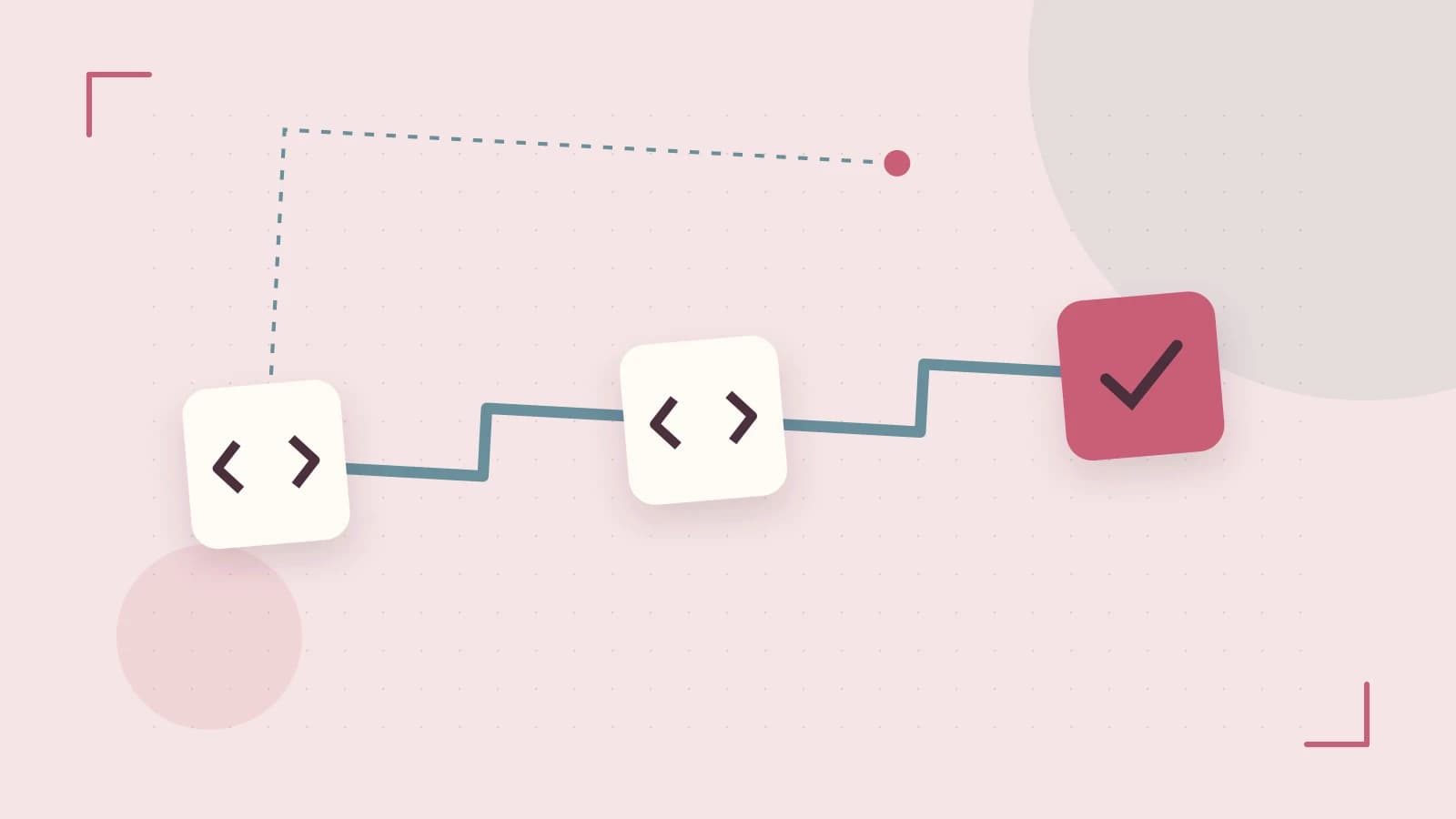 Editorial illustration of a branching build pipeline, staged transformations and a completed check