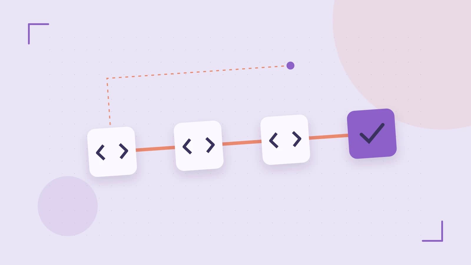 Editorial illustration of a branching build pipeline, staged transformations and a completed check