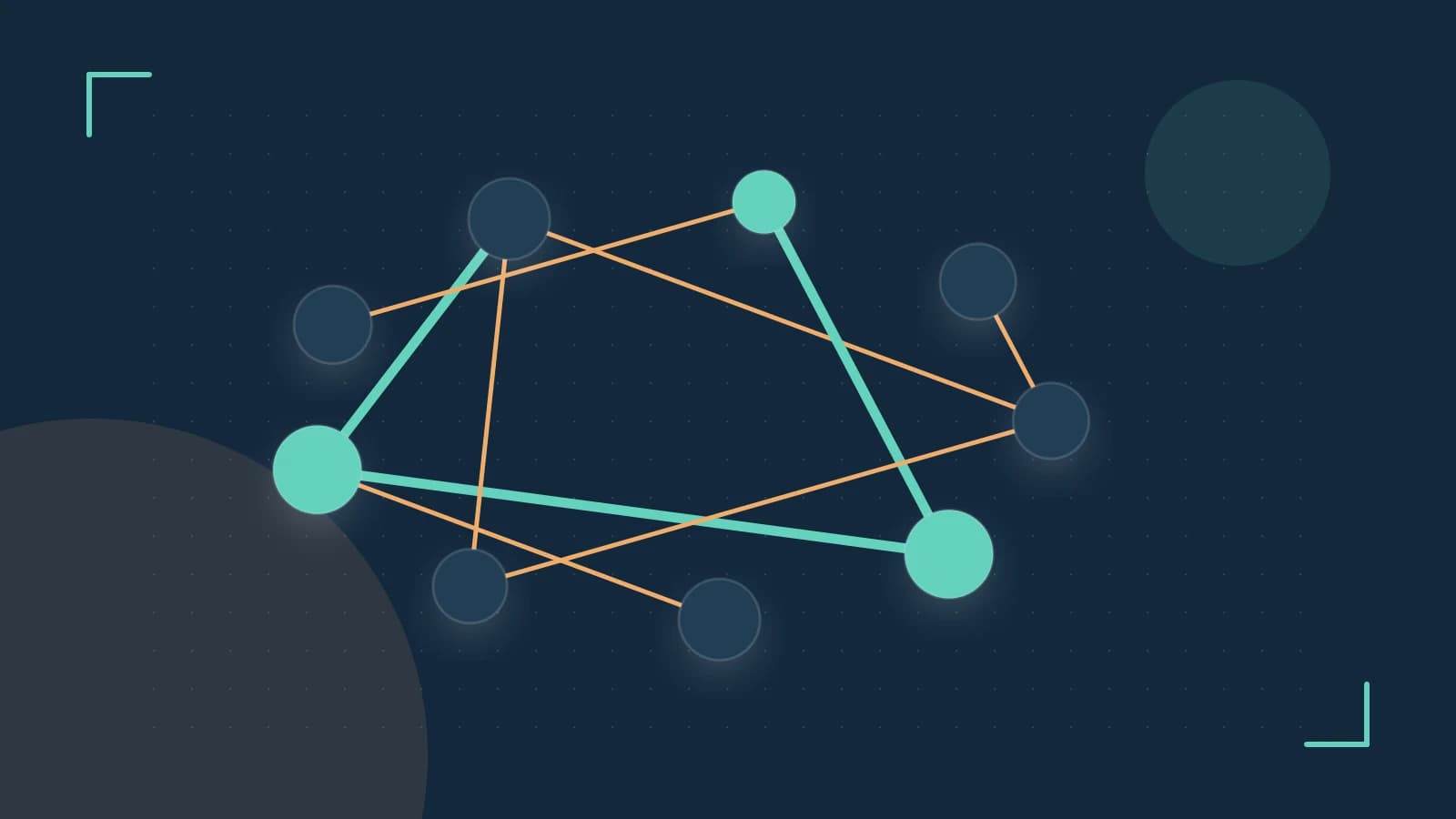 Editorial illustration of an algorithmic node graph with branching paths and a highlighted result