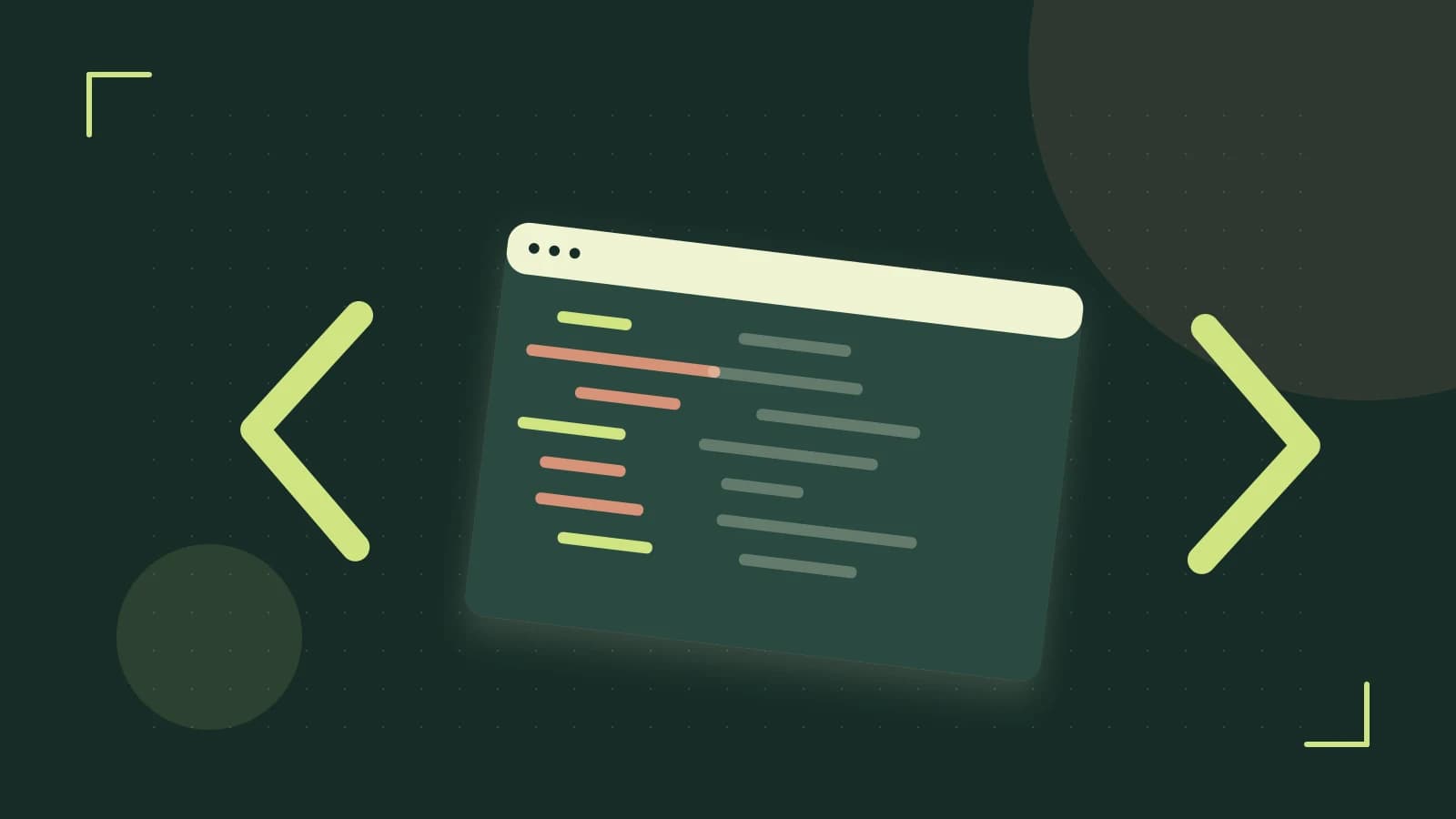 Editorial illustration of an abstract code editor, syntax blocks and oversized programming brackets