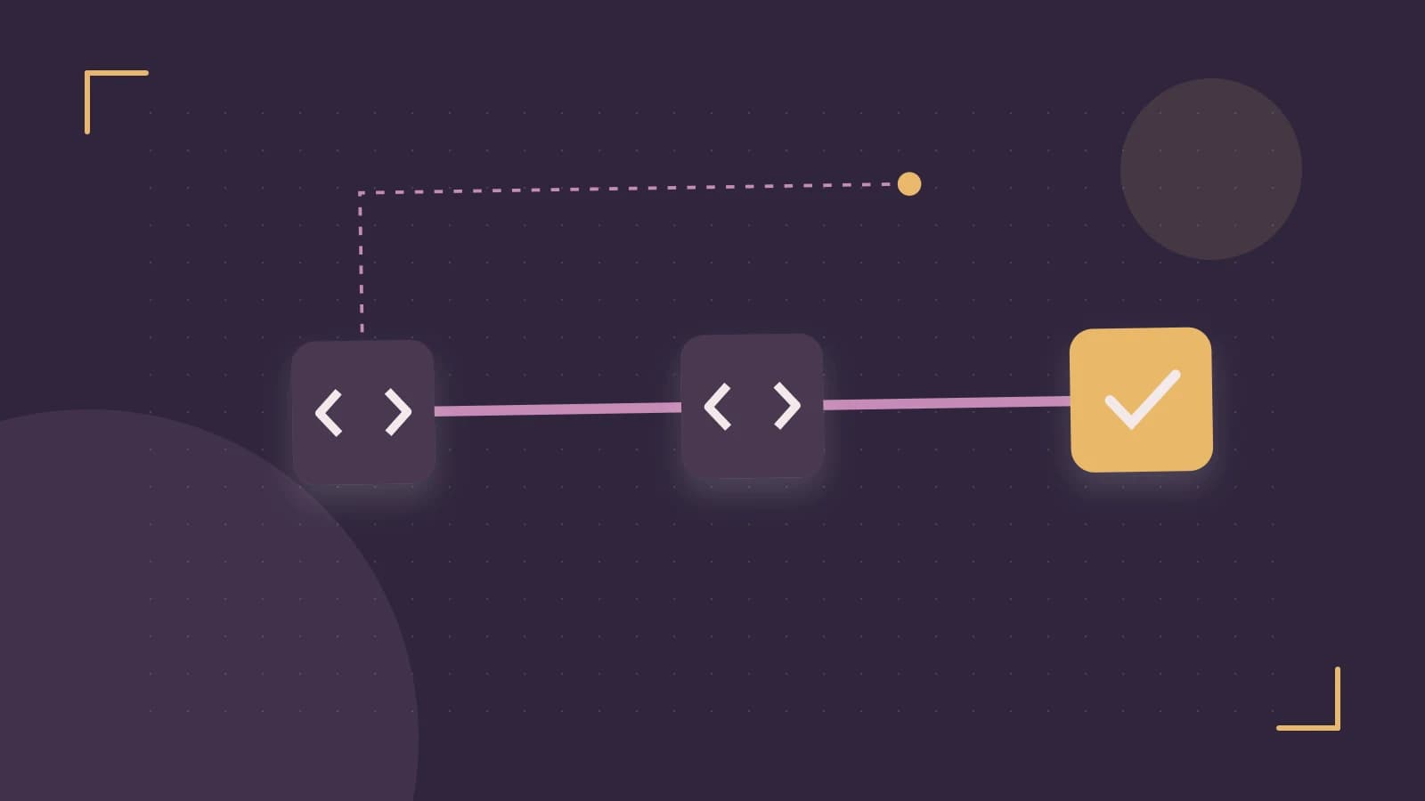 Editorial illustration of a branching build pipeline, staged transformations and a completed check