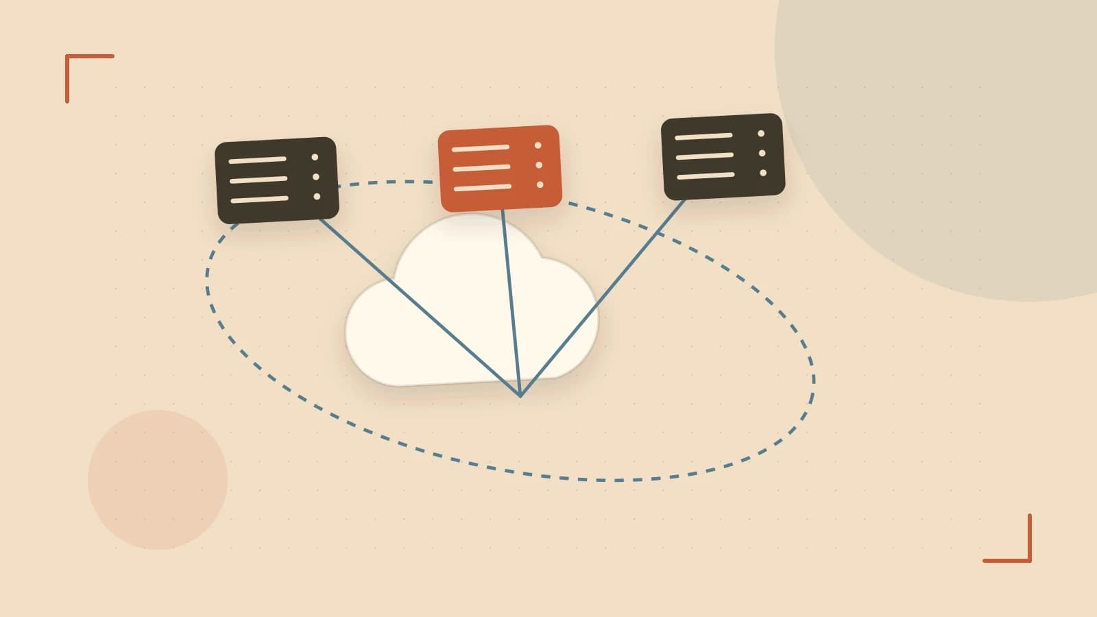 Editorial illustration of cloud infrastructure, connected server racks and an orbital service map