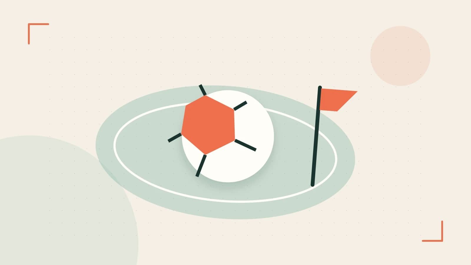 Editorial illustration of a stylized sports ball, stadium geometry and dynamic arcs