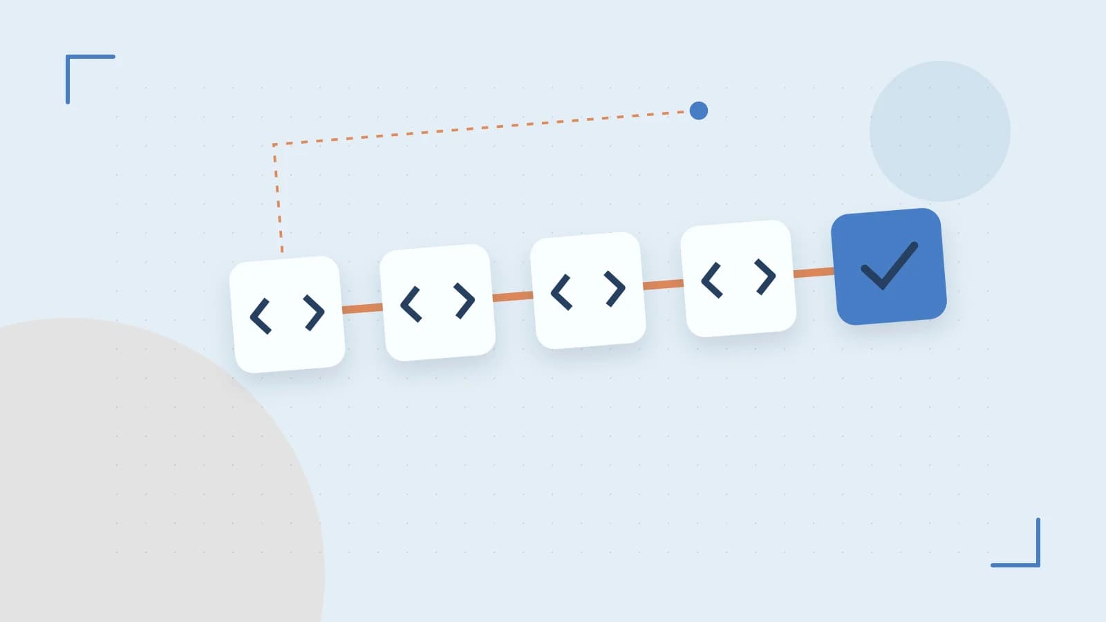 Editorial illustration of a branching build pipeline, staged transformations and a completed check