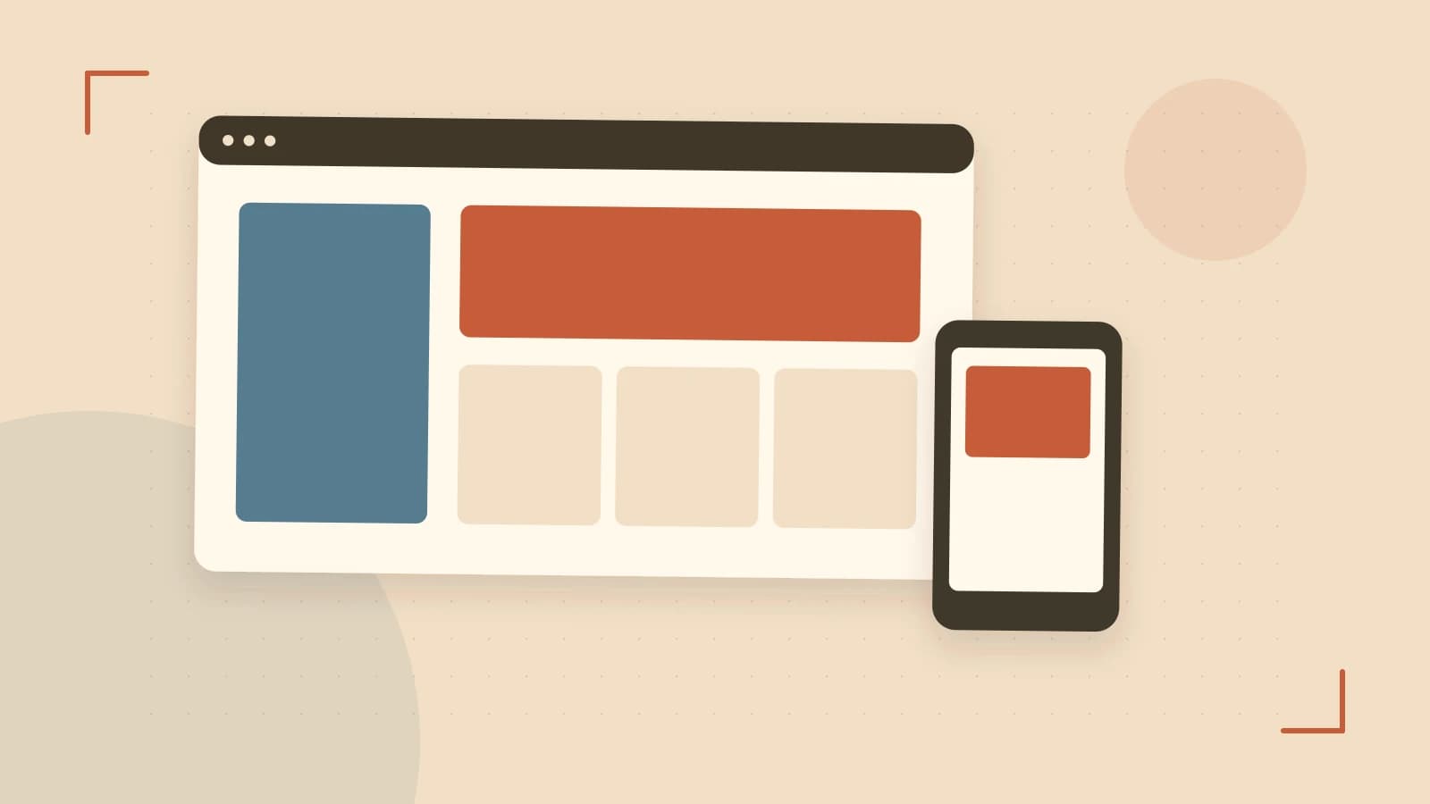 Editorial illustration of responsive browser layouts, overlapping design components and a color system