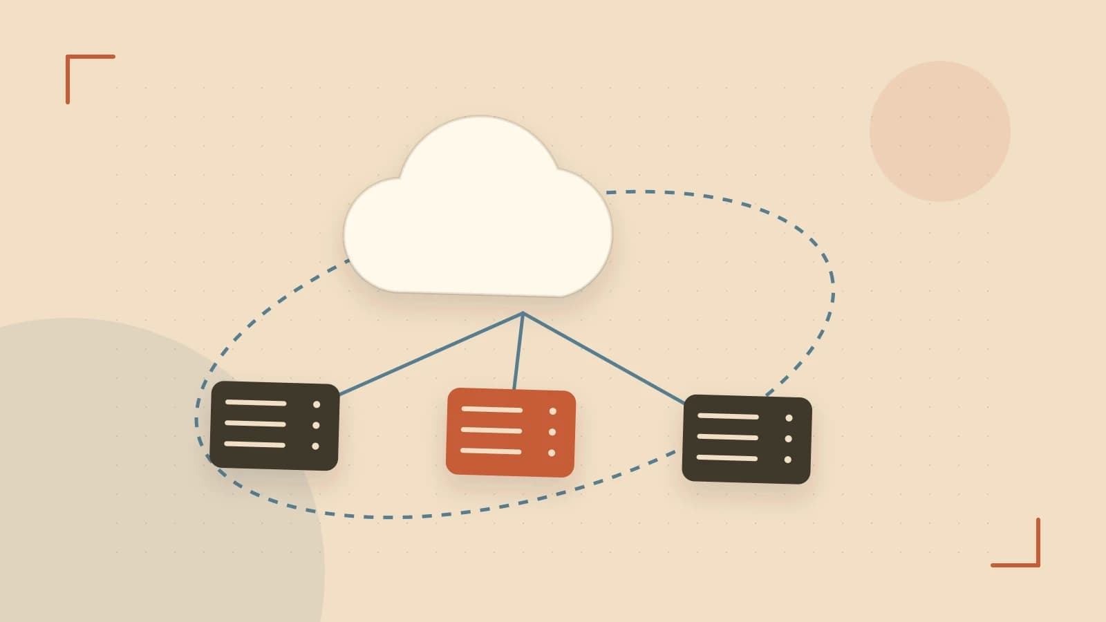 Editorial illustration of cloud infrastructure, connected server racks and an orbital service map