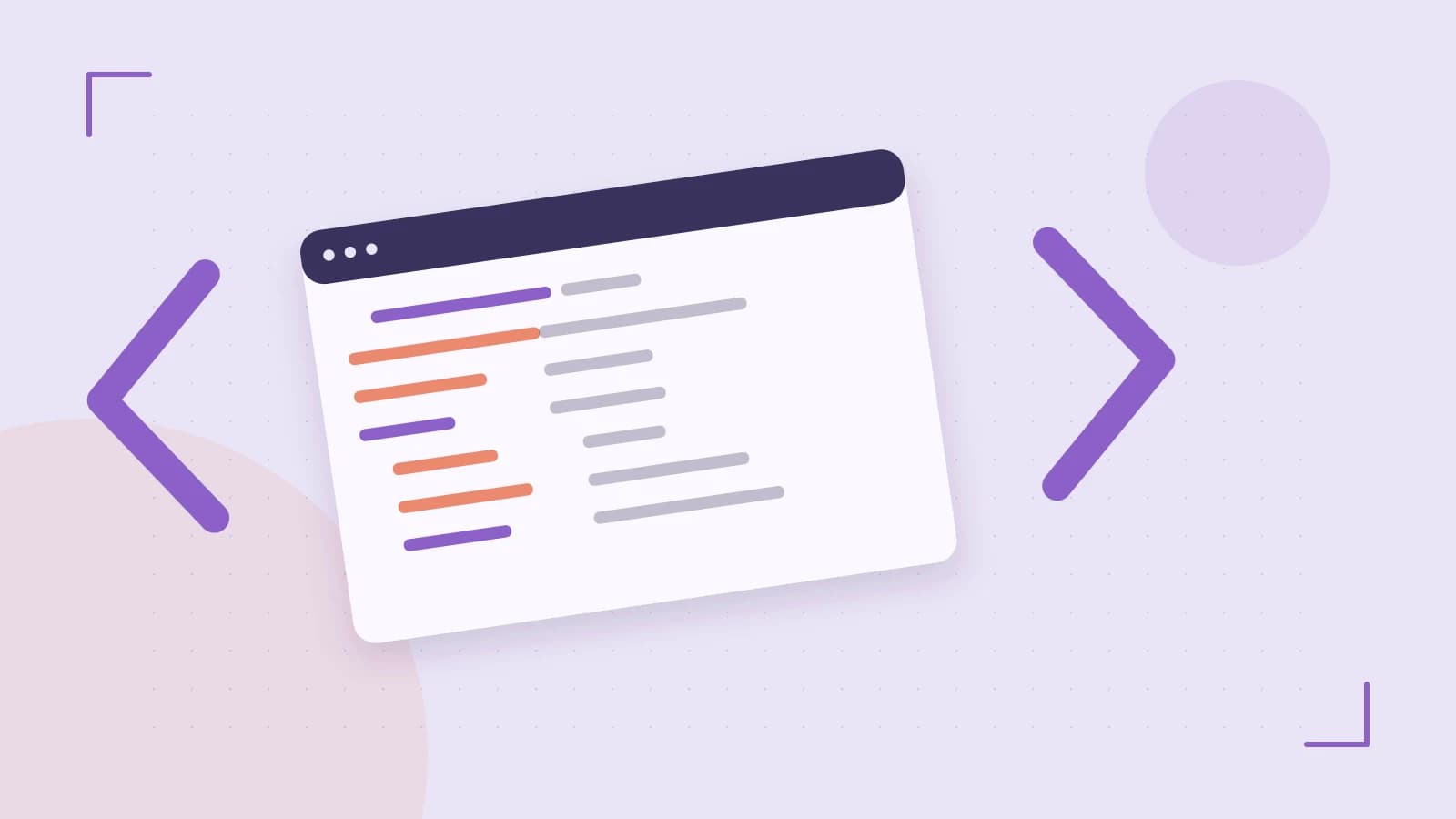 Editorial illustration of an abstract code editor, syntax blocks and oversized programming brackets