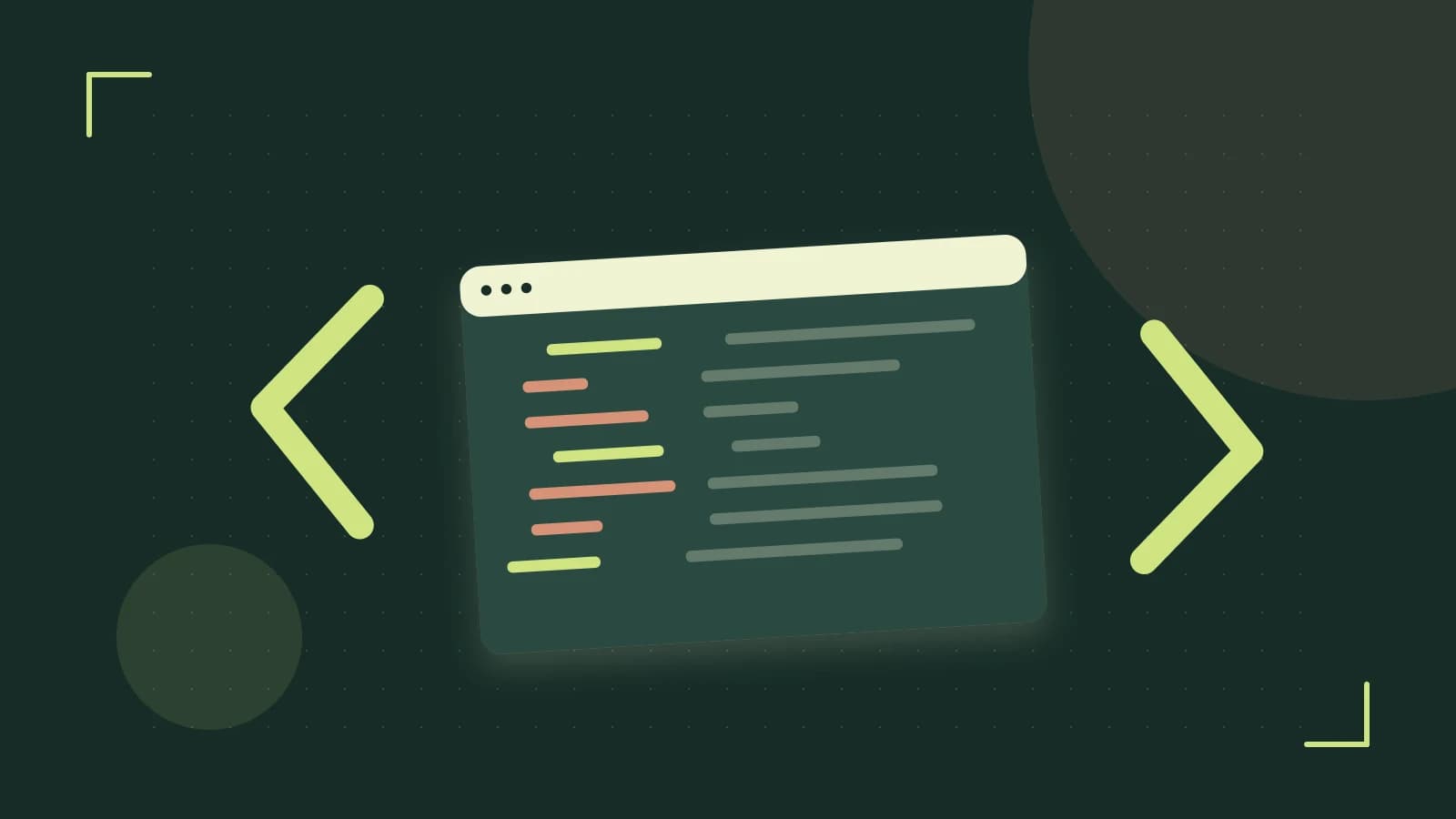 Editorial illustration of an abstract code editor, syntax blocks and oversized programming brackets