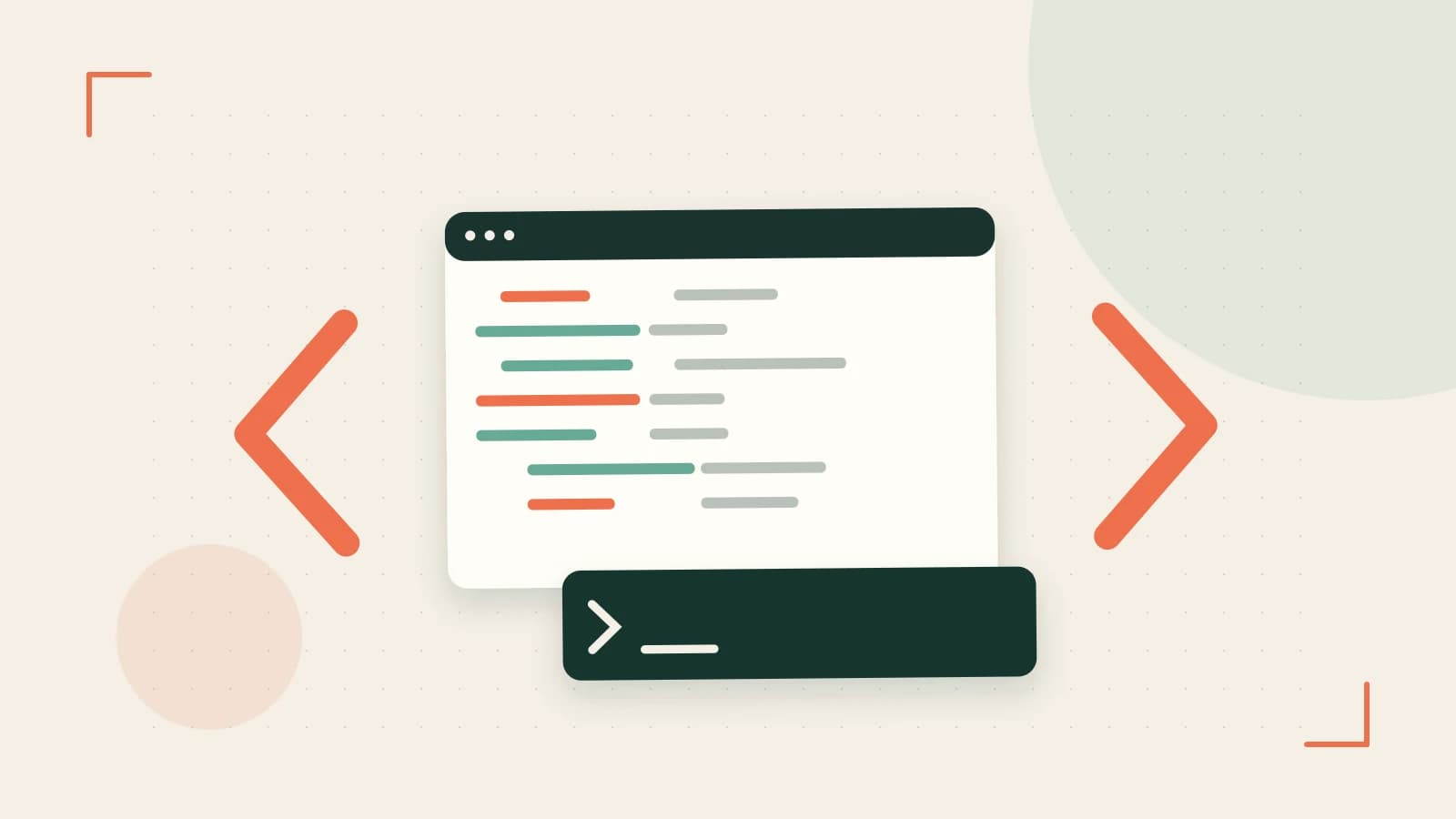 Editorial illustration of an abstract code editor, syntax blocks and oversized programming brackets