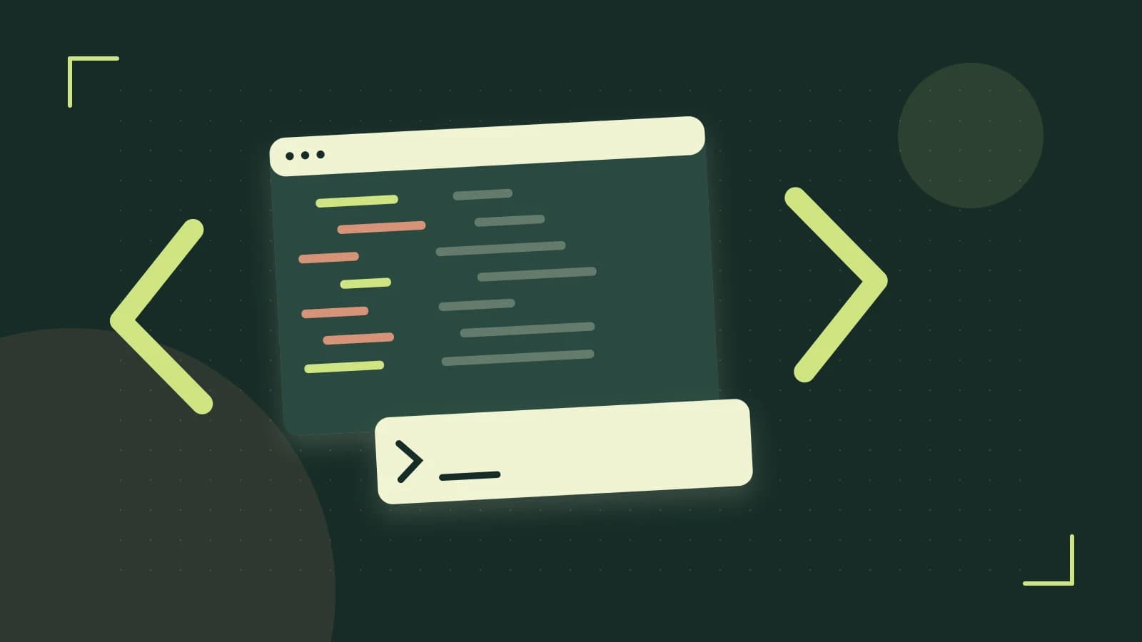 Editorial illustration of an abstract code editor, syntax blocks and oversized programming brackets