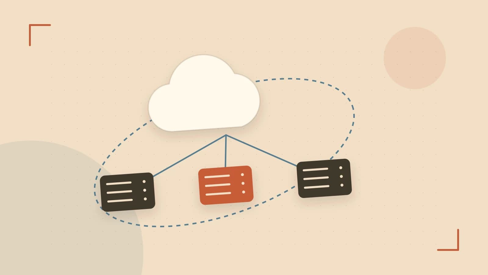 Editorial illustration of cloud infrastructure, connected server racks and an orbital service map