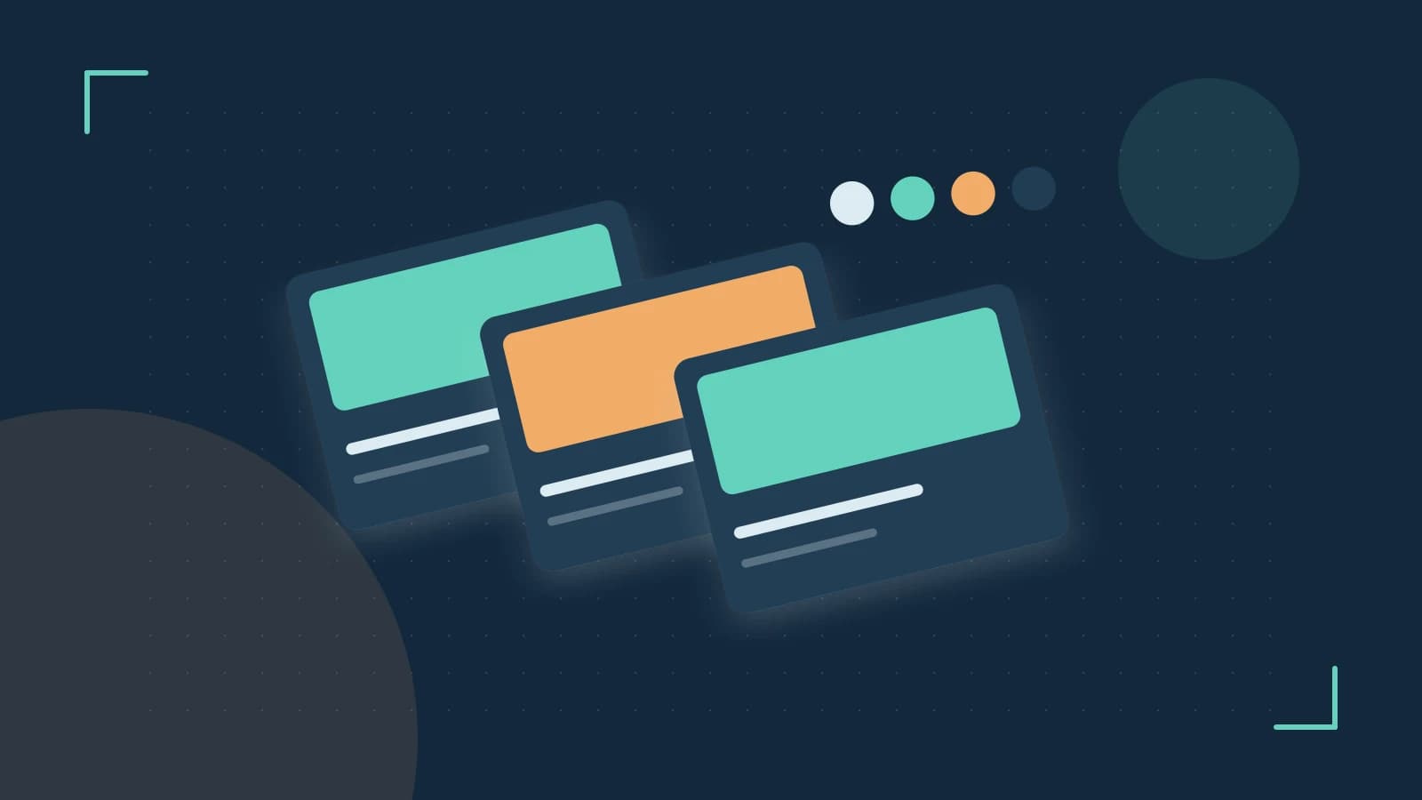 Editorial illustration of responsive browser layouts, overlapping design components and a color system