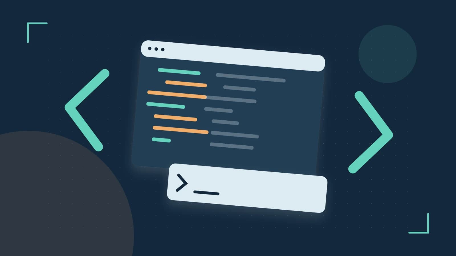 Editorial illustration of an abstract code editor, syntax blocks and oversized programming brackets