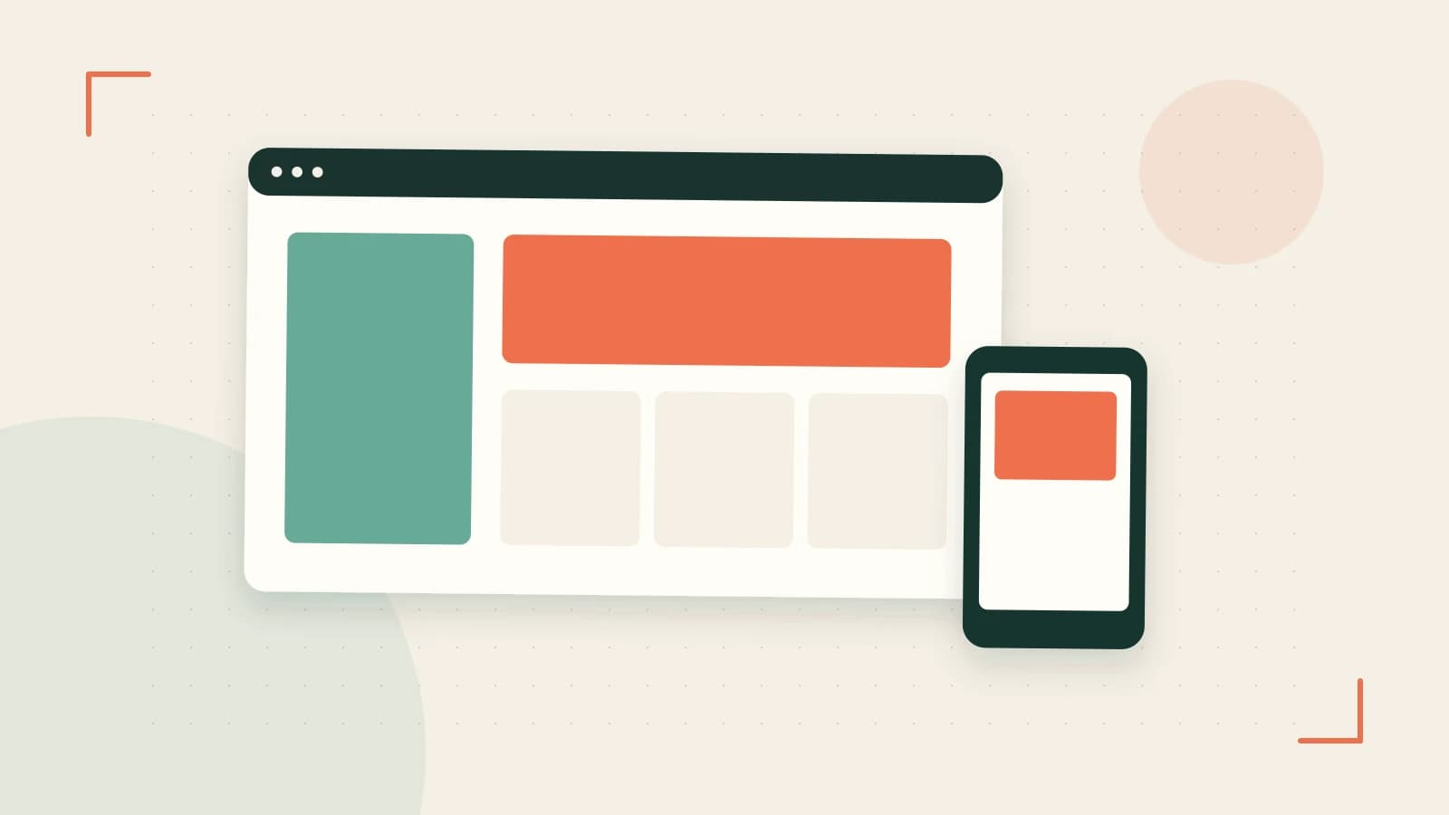 Editorial illustration of responsive browser layouts, overlapping design components and a color system