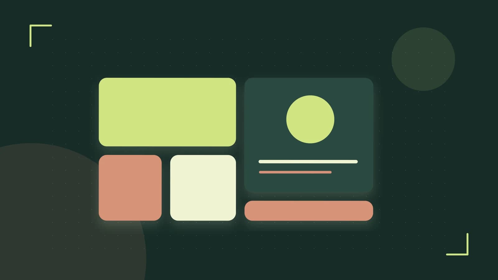 Editorial illustration of responsive browser layouts, overlapping design components and a color system